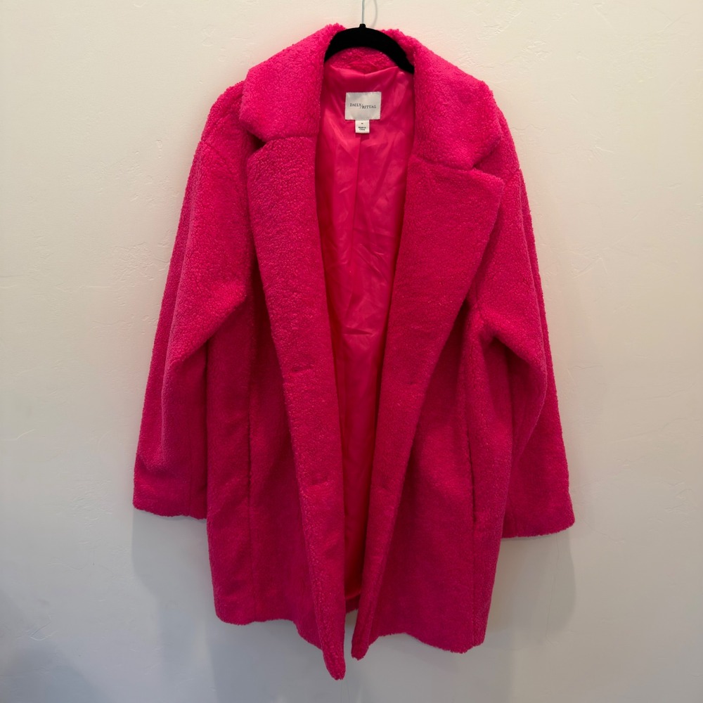 Daily Ritual Womens Hot Pink Sherpa Teddy Coat Notched Lapel Jacket Size M